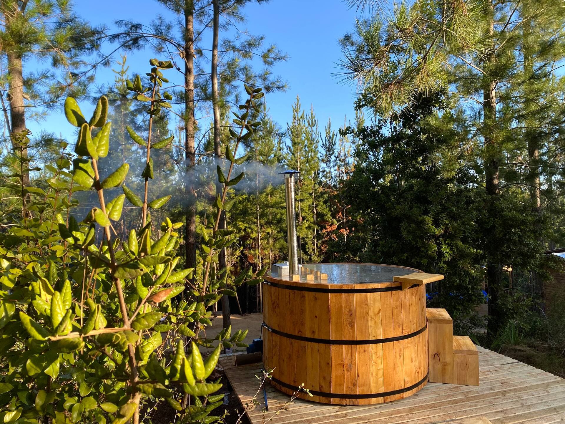 Tinaja de madera humeando sobre el deck, entre los árboles del bosque