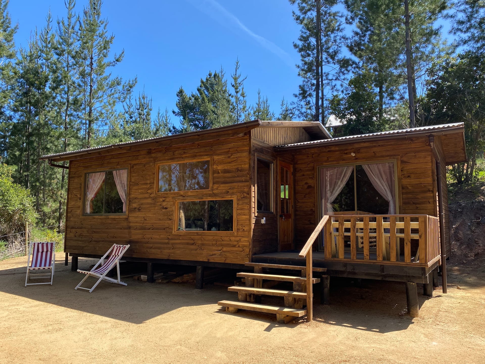 Fachada de la cabaña de madera con su terraza y dos sillas al sol, rodeada de pinos